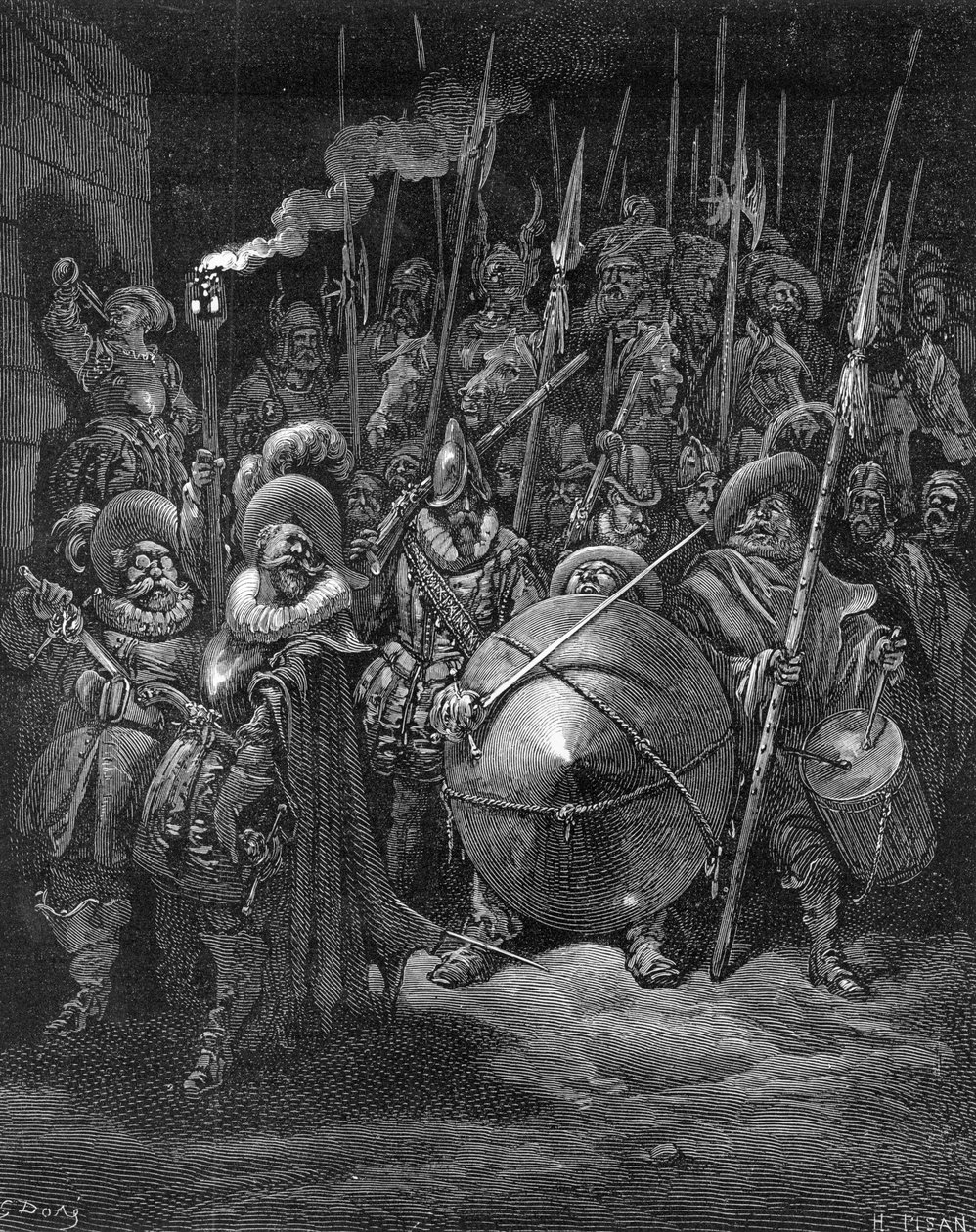 Sancho i Rycerze, z „Don Kichota z Manchy” Miguela Cervantesa, ryty przez Heliodore Josepha Pisana, ok. 1875 autorstwa Gustave Dore