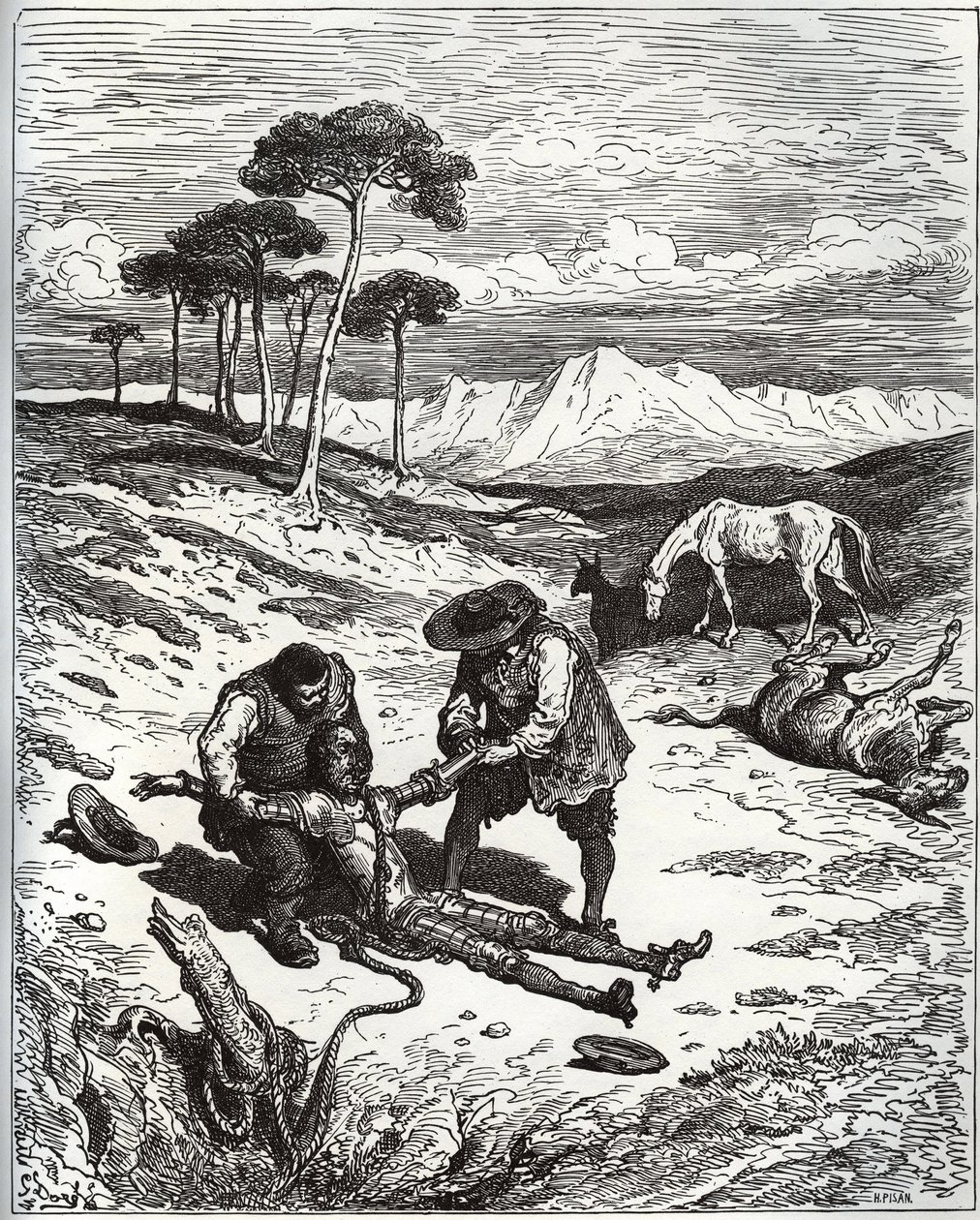 Sancho i kuzyn wyciągają Don Kichota (śpiącego) z jaskini Montesinosa - z „Don Kichota de la Mancha” Miguela Cervantesa (1547-1616) (Don Kichota) - Drzeworyt wg rysunku Gustave