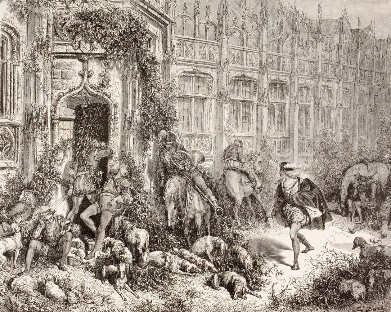 Scena ze Śpiącej królewny Charlesa Perraulta. Z El Mundo Ilustrado, opublikowanego w Barcelonie, około 1880 roku. autorstwa Gustave Dore