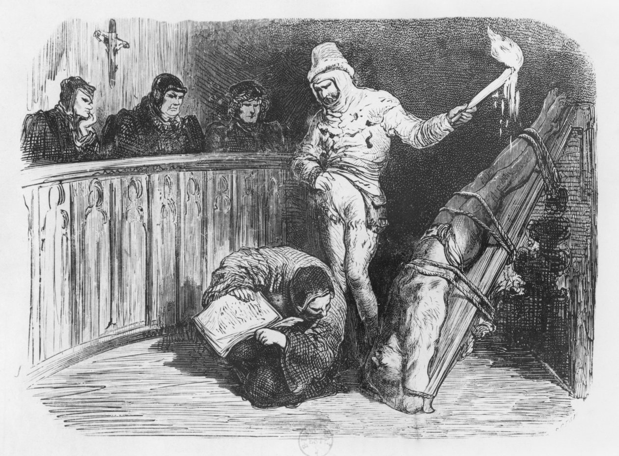 Scena Inkwizycji, ilustracja z „Essais” Michela Eyquema de Montaigne (1533-92) (rycina) (fot. bw) autorstwa Gustave Dore