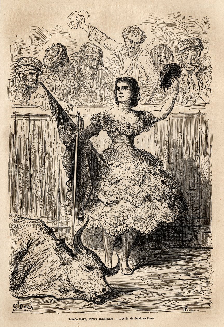 Scena walki byków: triumf Teresy Bolsi, andaluzyjskiej torrery, pozdrawiająca zgromadzenie, które go wielbią w Sewilli. Szkic wykonany na żywo przez Gustave Dore (1832-1883). Grawerowanie ilustrujące podróż w Hiszpanii, w 1862 przez Charlesa Davilliera i G autorstwa Gustave Dore