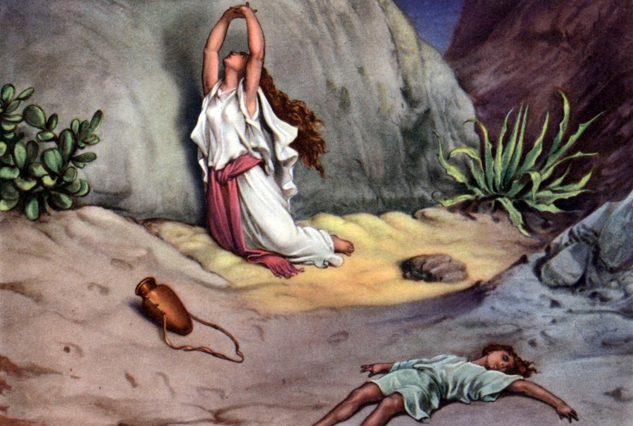 Zestaw biblijnych pocztówek edukacyjnych z lat 50-tych, wykonanych według dzieł sztuki: tutaj według "Hagar i Ismael na pustyni" Gustave