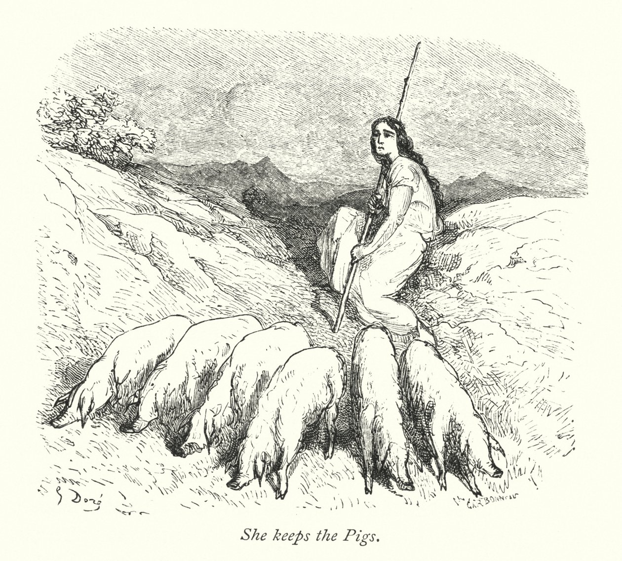Ona trzyma świnie (grawerunek) autorstwa Gustave Dore