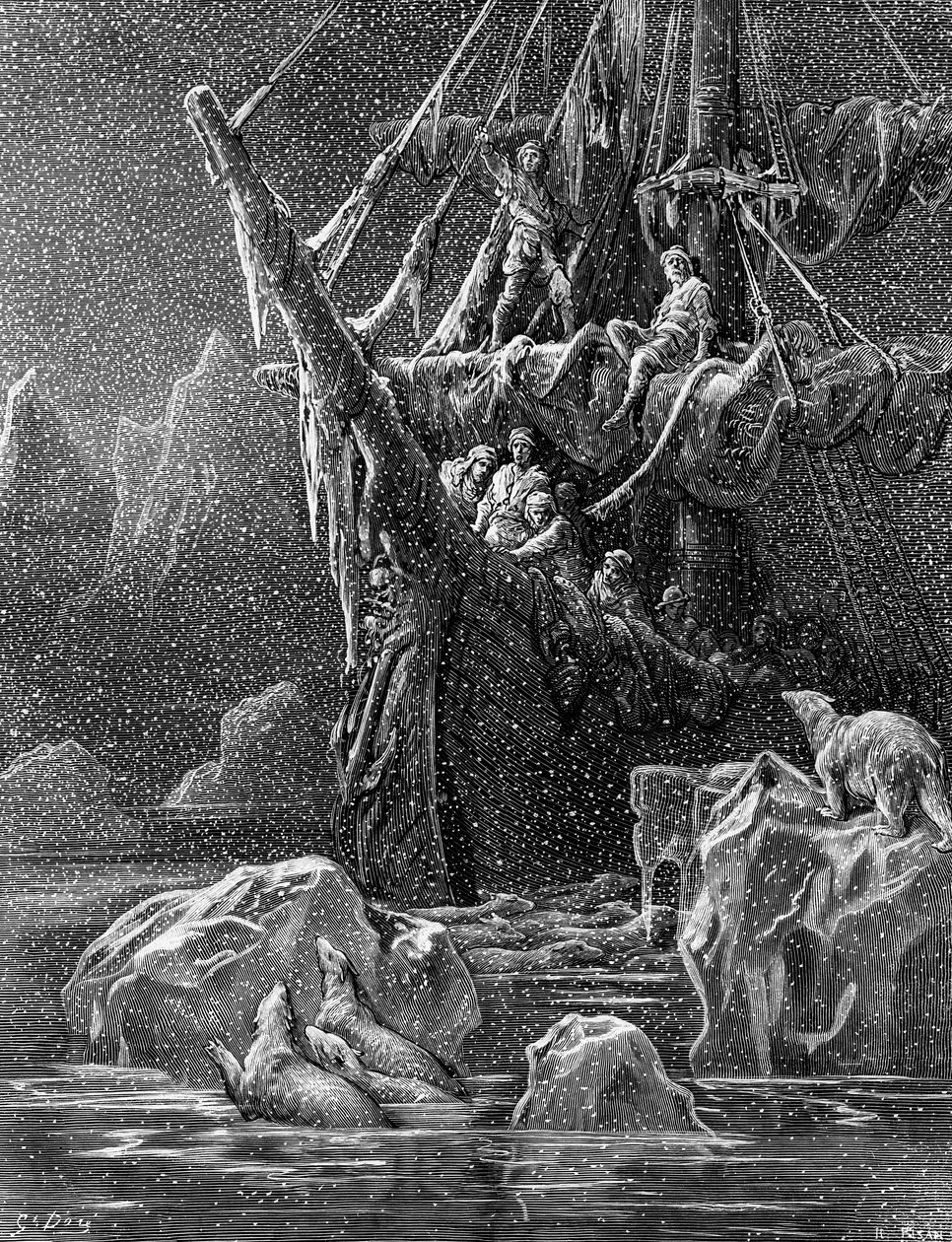 Statek na Antarktydzie, scena z „Szronu starożytnego marynarza” S.T. Coleridge, przez S.T. Coleridge, wyd. Harper und Brothers, Nowy Jork, 1876 (drewno) autorstwa Gustave Dore