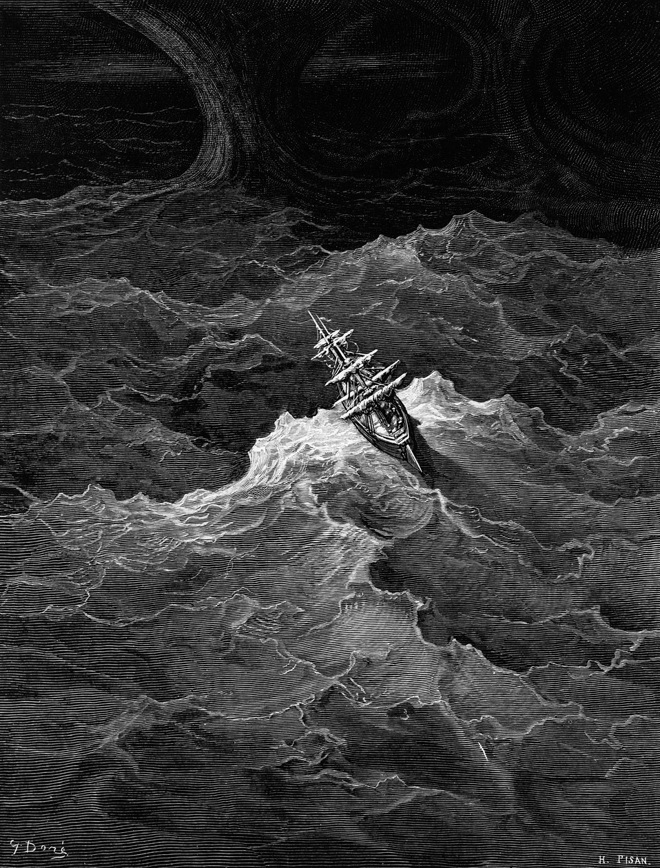 Statek na wzburzonym morzu, scena z "The Rime of the Ancient Mariner" S.T. Coleridge