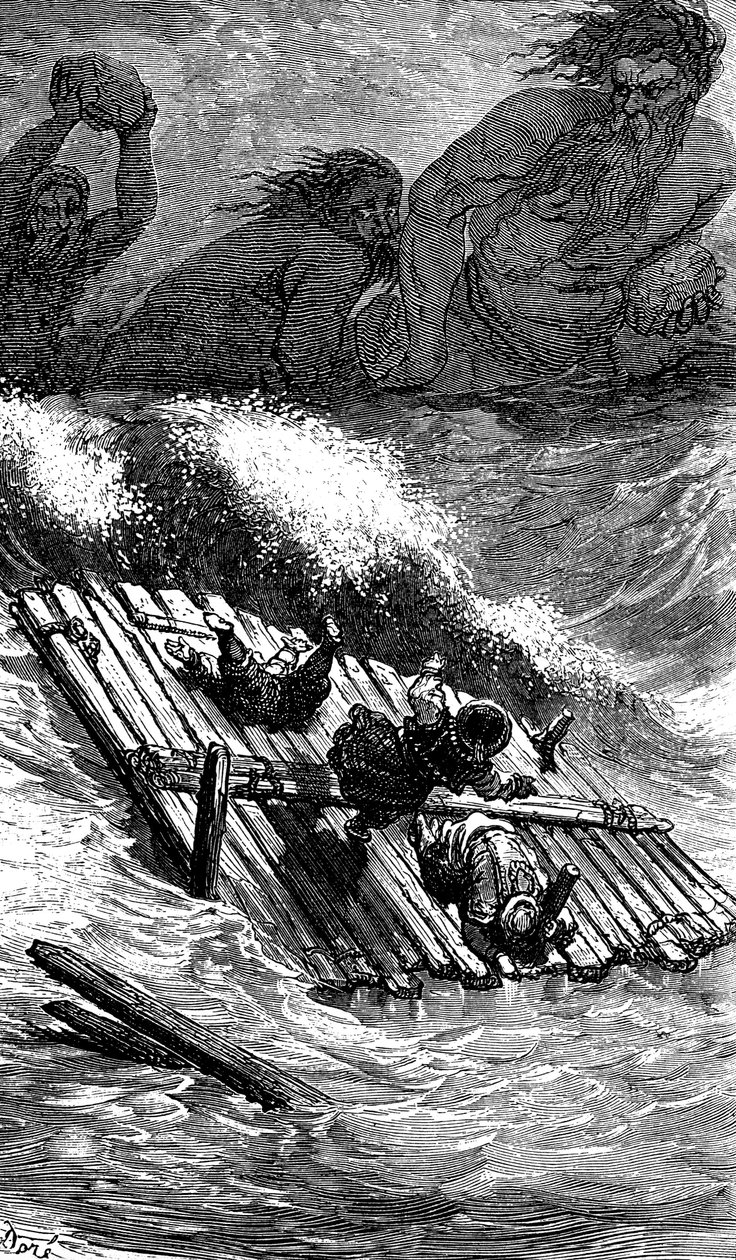 Sindbad żeglarz (Sinbad) - opowieść o tysiącu i jednej (1001) nocy - ilustracja Gustave Dore - wydanie Maxwell 1865 - Trzecia podróż: Sindbad i jego towarzysze, którzy wypłynęli w morze na tratwie, są ścigani przez gigantów, którzy rzucają w nich ogromnymi autorstwa Gustave Dore