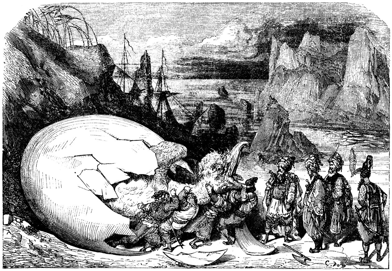 Sindbad żeglarz (Sinbad) - opowieść o tysiącu i jednej (1001) nocy - ilustracja Gustave Dore - wydanie Maxwell 1865 - Piąta podróż: kupcy towarzyszący Sindbadowi rozbijają skorupę gigantycznego jaja ptaka olbrzyma Roka, aby wydobyć ogromne dziecko autorstwa Gustave Dore