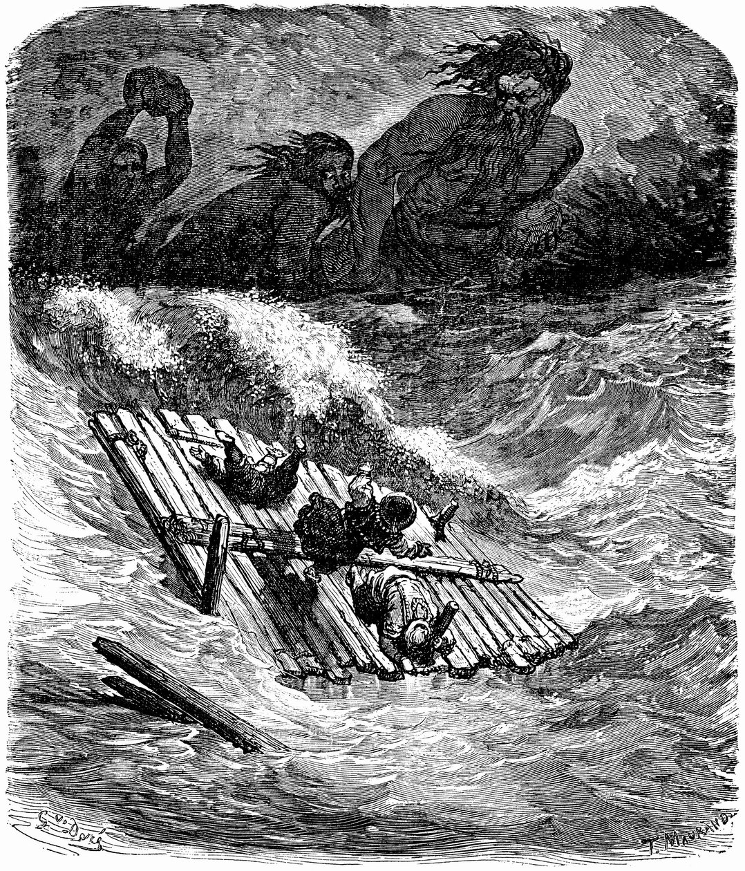 Sindbad żeglarz (Sinbad) - baśń tysiąca i jednej (1001) nocy - ilustracja Gustave Dore - wydanie Maxwell 1865 - Trzecia podróż: Sindbad i jego towarzysze po wypłynięciu w morze na tratwie są ścigani przez gigantów, którzy rzucają w nich ogromnymi kamieniam autorstwa Gustave Dore