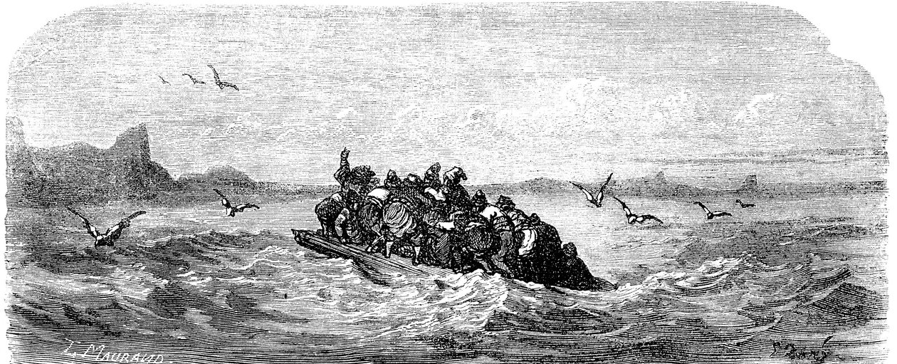 Sindbad żeglarz (Sinbad) - opowieść o tysiącu i jednej (1001) nocy - ilustracja Gustave Dore - wydanie Maxwell 1865 - Trzecia podróż: Sindbad i jego towarzysze płyną na pokładzie tratwy autorstwa Gustave Dore