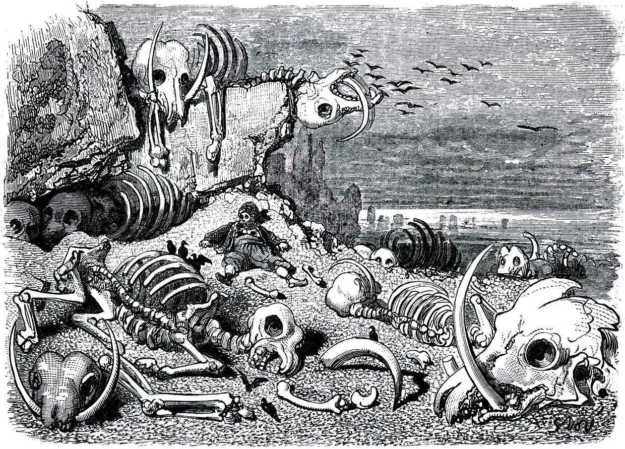 Sindbad żeglarz (Sinbad) - baśń tysiąca i jednej (1001) nocy - ilustracja Gustave Dore - wydanie Maxwell 1865 - Siódma i ostatnia podróż: cmentarz słoni, gdzie Sindbad odzyska obronę z kości słoniowej autorstwa Gustave Dore