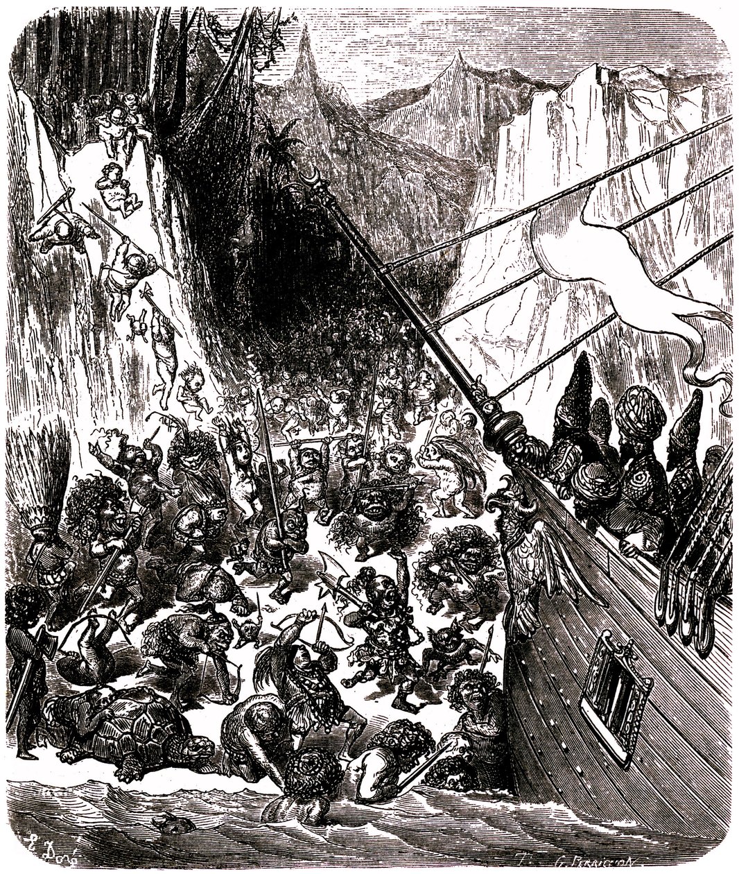 Sindbad Żeglarz (Sinbad) - Baśń z tysiąca i jednej (1001) nocy - ilustracja Gustave Dore - Trzecia podróż: Tempete wyrzuca statek Sindbada i jego towarzyszy na wyspę, gdzie zostają zaatakowani przez mnóstwo małych i ohydnych istot. autorstwa Gustave Dore