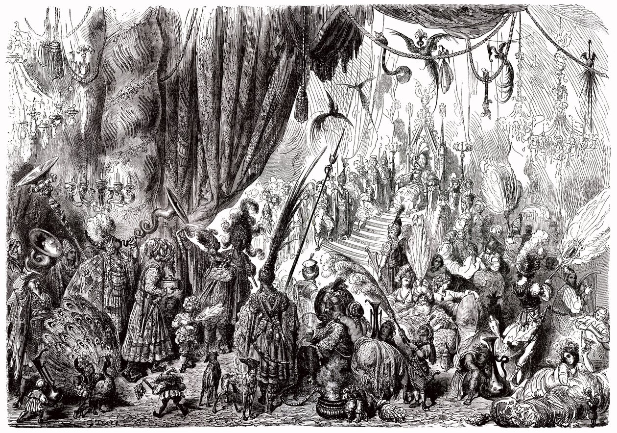 Sindbad Żeglarz (Sinbad) - opowieść z tysiąca i jednej (1001) nocy - ilustracja Gustave Dore - wydanie Maxwell 1865 - Szósta podróż: dwór króla Serendibu autorstwa Gustave Dore
