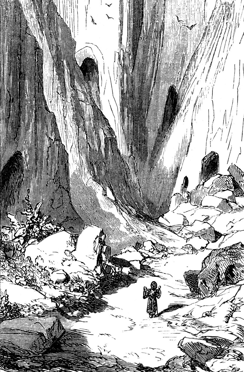 Sindbad żeglarz (Sinbad) - baśń tysiąca i jednej (1001) nocy - ilustracja Gustave Dore - wydanie Maxwell 1865 - Druga podróż: Sindbat odkrywa dolinę z diamentami, która niestety jest okupowana przez gigantyczne węże. Zabierze refu autorstwa Gustave Dore
