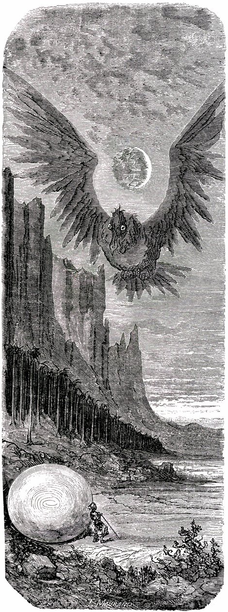 Sindbad żeglarz (Sinbad) - baśń tysiąca i jednej (1001) nocy - ilustracja Gustave Dore - wydanie Maxwell 1865 - Druga podróż: Sindbad odkrywszy na wyspie ogromne jajo gigantycznego ptaka Roca zostaje przez niego zaatakowany - przyp. tłum. autorstwa Gustave Dore
