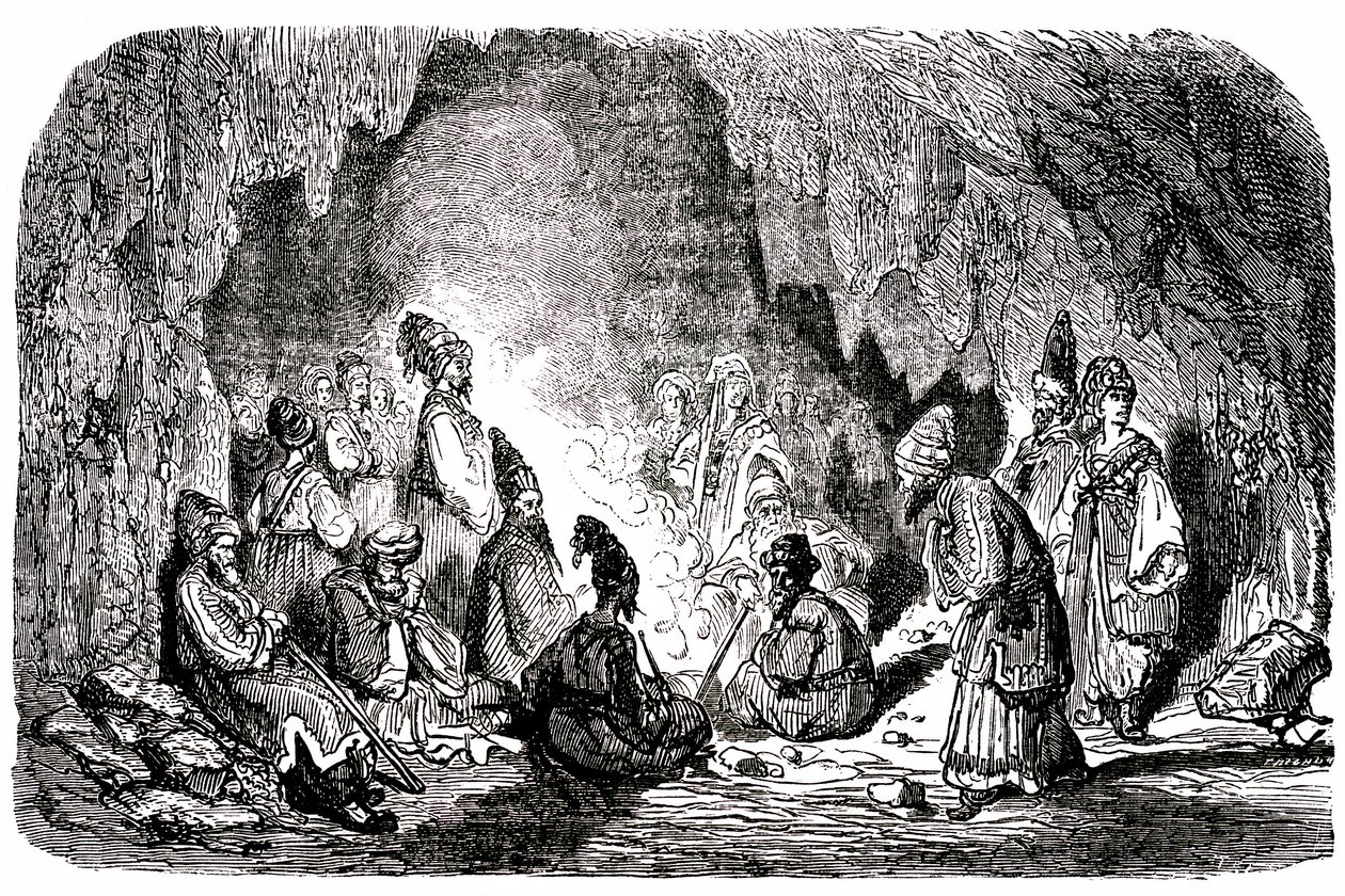 Sindbad żeglarz (Sinbad) - opowieść o tysiącu i jednej (1001) nocy - ilustracja Gustave Dore - wydanie Maxwell 1865 - Pierwsza podróż: Sindbad, porzucony na środku morza przez swoich towarzyszy, dotarł na wyspę i spotkał w jaskini palefrenie autorstwa Gustave Dore