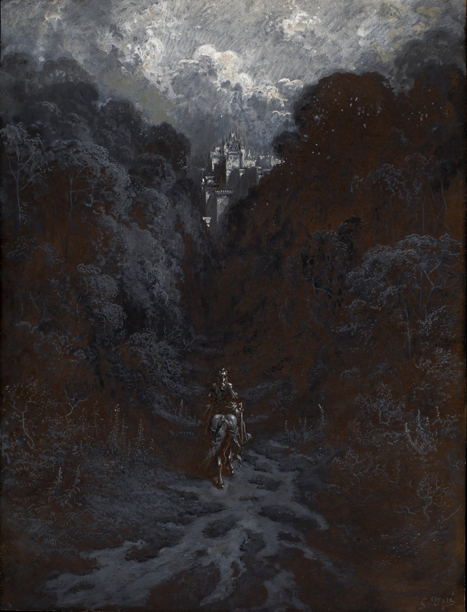 Sir Lancelot zbliża się do zamku Astolat autorstwa Gustave Dore