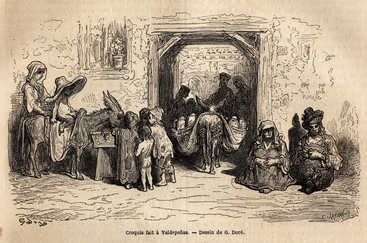 Szkic wykonany na żywo: żebracy w Valpadenas (Channel). Grawer ilustrujący podróż do Hiszpanii autorstwa Gustave Dore (1832-1883) ilustratora i barona Ch. Reaktor Davillier, w 1862 r., opublikowany w „Le tour du monde, nouveau journal des voyages”, pod autorstwa Gustave Dore
