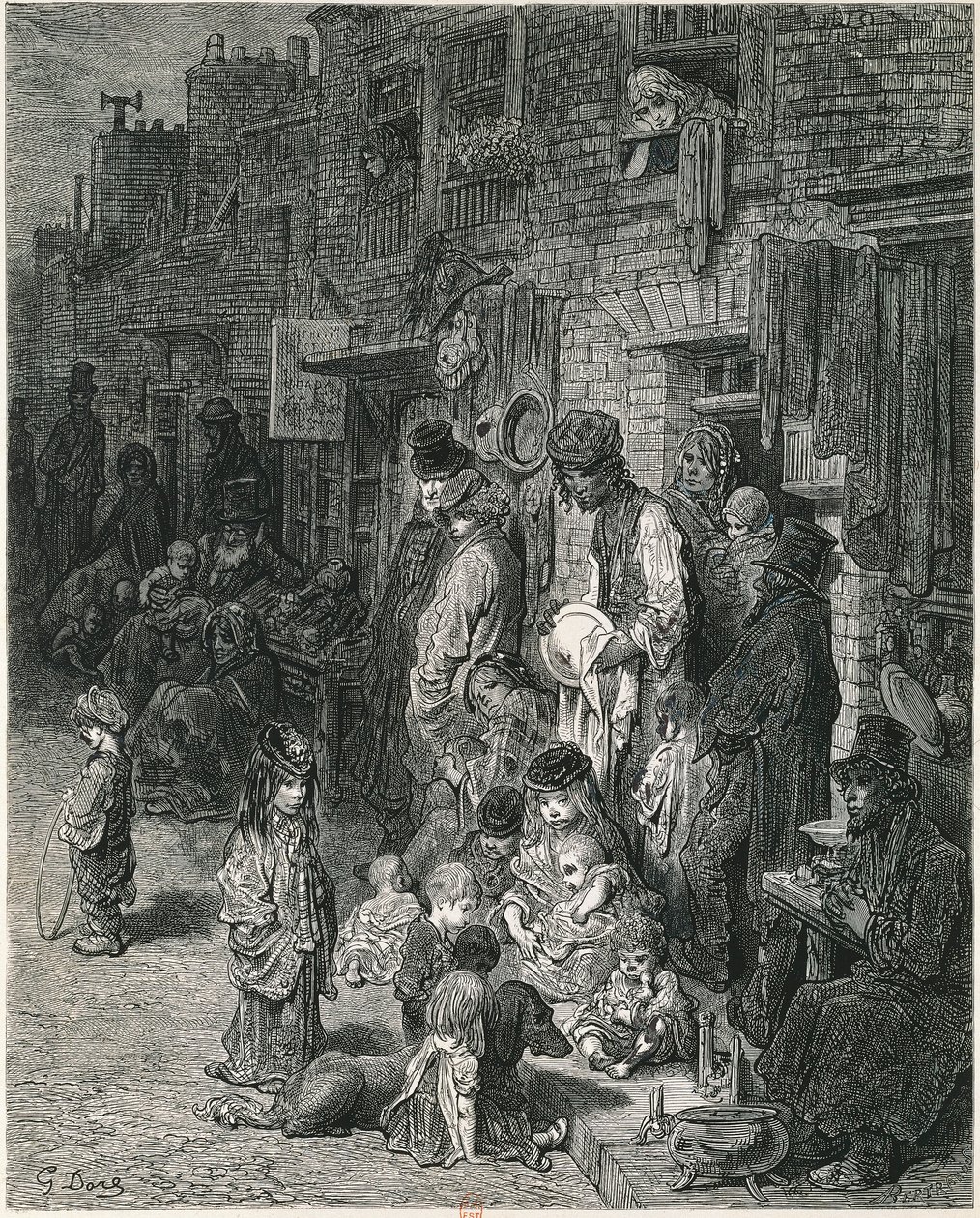 Slumsy Londynu, Gustav Dore, Grawerowanie autorstwa Gustave Dore