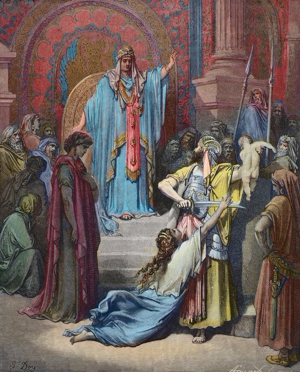 Wyrok Salomona - Salomon wydaje wyrok, aby podzielić dziecko między dwóch pretendentów - Grawerowanie autorstwa Gustave
