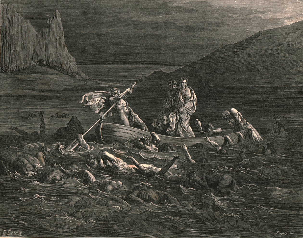 Wkrótce obaj wyruszają, przecinając fale, ok. 1890 r. autorstwa Gustave Dore