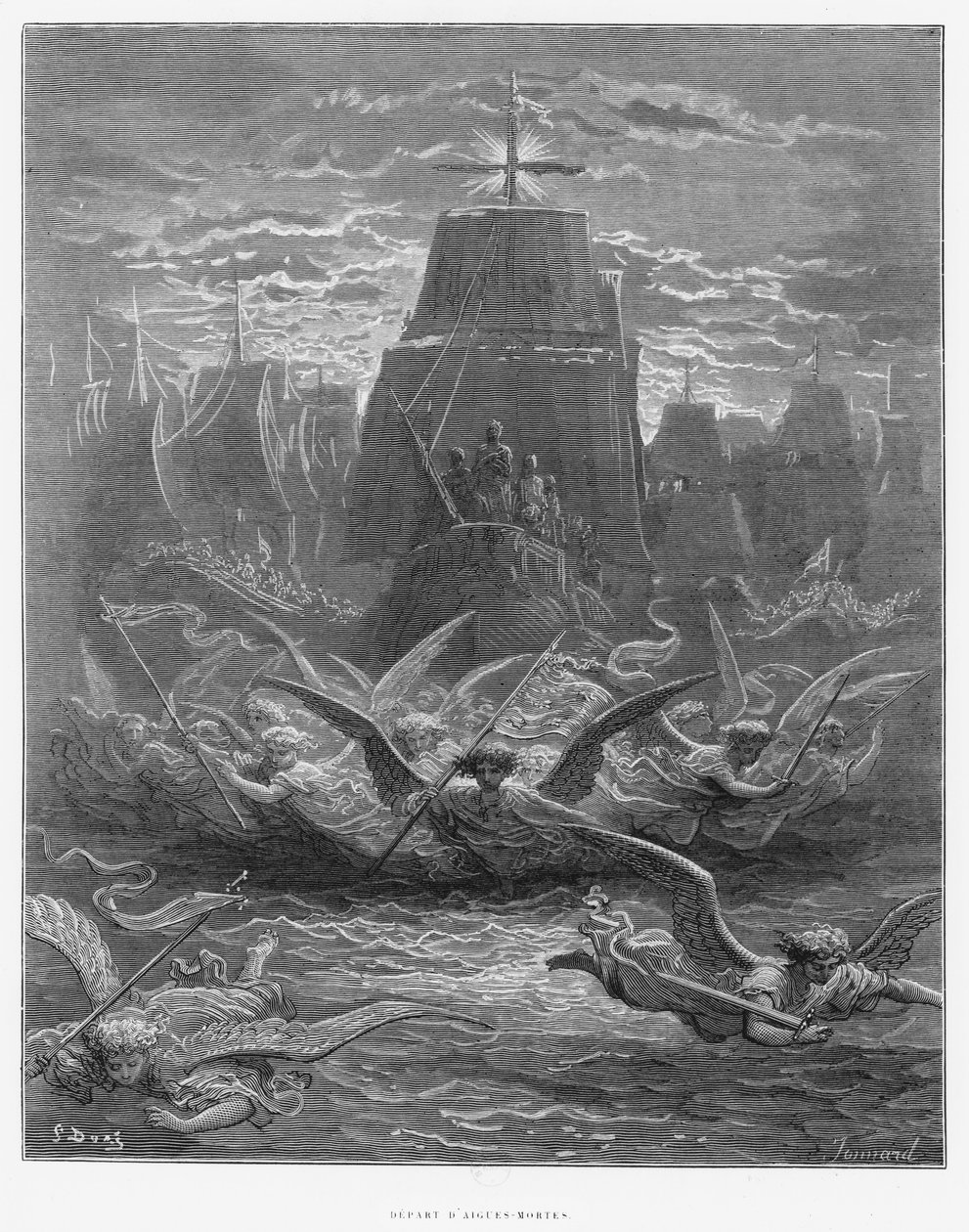 St. Louis (1214-70) opuszcza Aigues-Mortes, ilustracja z „Histoire des Croisades” Josepha Michauda (1767-1839) rytowana przez Paula Jonnarda-Pacela (zm. 1902) 1877 autorstwa Gustave Dore