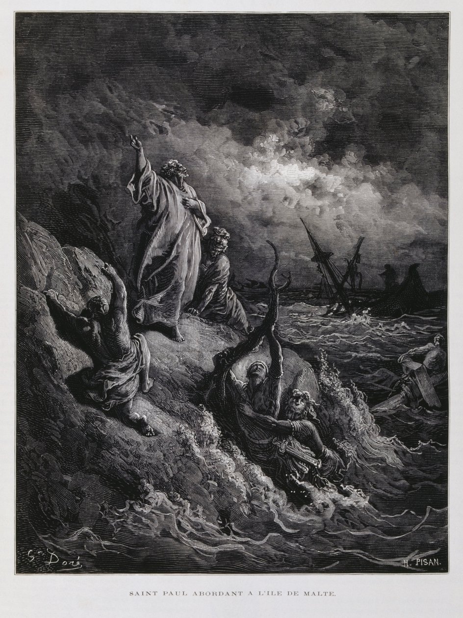 Paweł lądujący na Malcie, ilustracja z Biblii Dore
