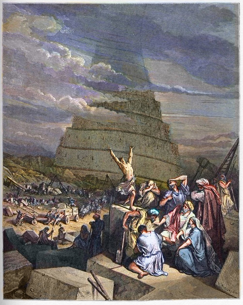 WIEŻA BABEL — Wieża Babel ilustracja Księgi Rodzaju i zamieszanie językowe autorstwa Jahwe. Po prawej król Nimrud (lub Nimrod, Nemrod) rozmawia z architektami - grawerowanie w „The Bible illustree” Gustave