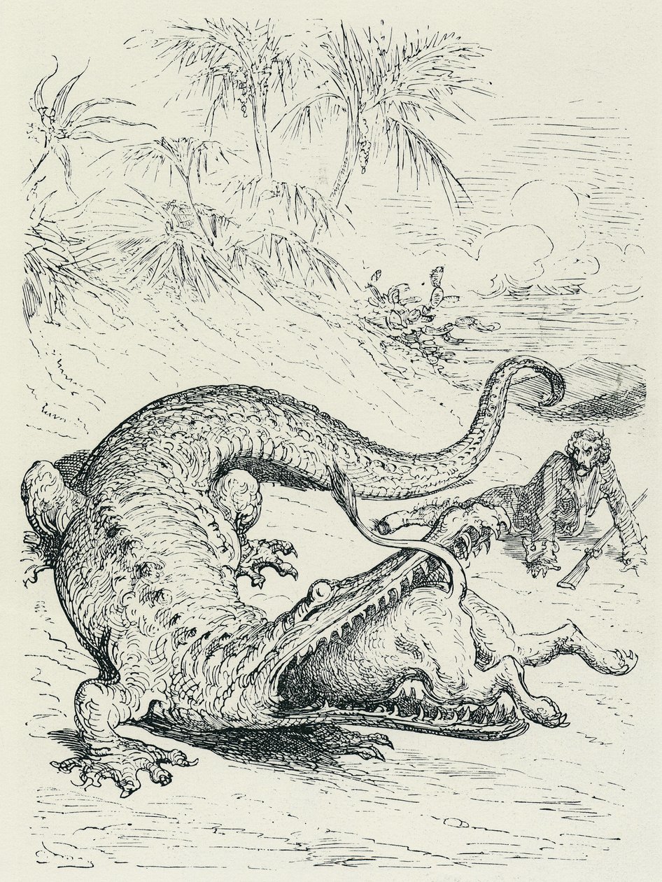 "Przygody barona Munchausena" (Munchhausen): Nieustraszony baron Munchausen ścigany przez lwa przecina ścieżkę ogromnego krokodyla, który pożre lwa. Ilustracja Gustave