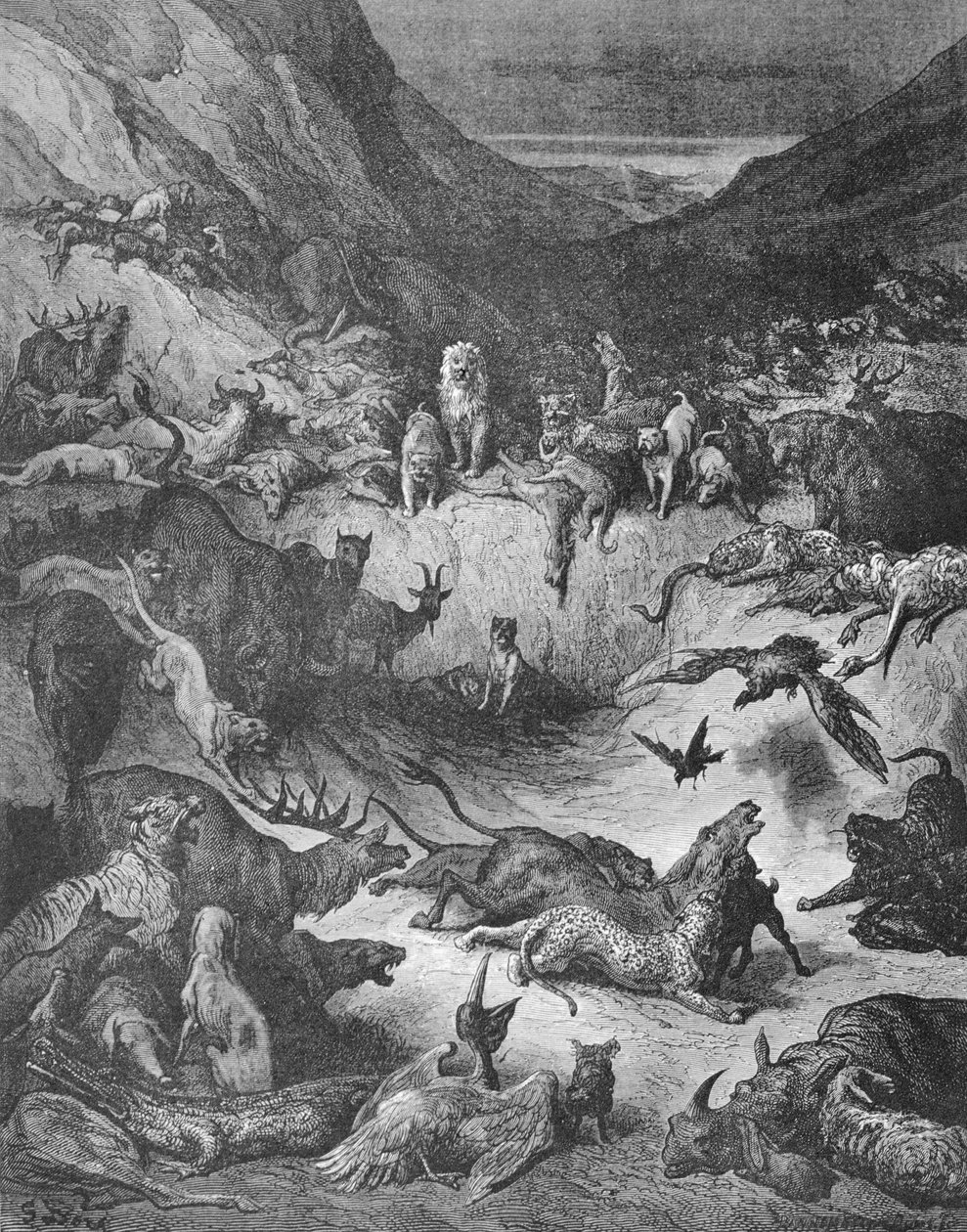 Zwierzęta padły chore na dżumę, ilustracja do Bajek La Fontaine autorstwa Gustave Dore