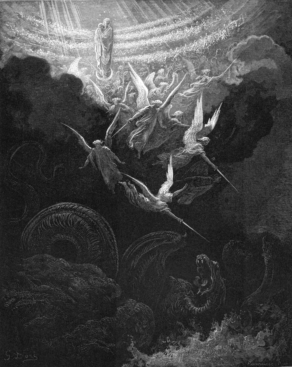 Archanioł Michał i jego aniołowie walczą ze smokiem, 1865-1866 autorstwa Gustave Dore