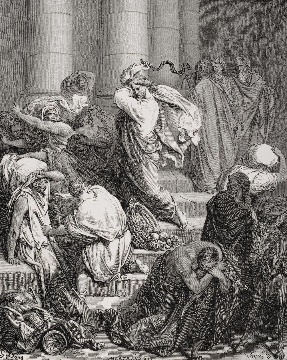 Kupujący i sprzedawcy wypędzeni ze świątyni, Łukasz 19:45-46, ilustracja z „The Holy Bible” Dore