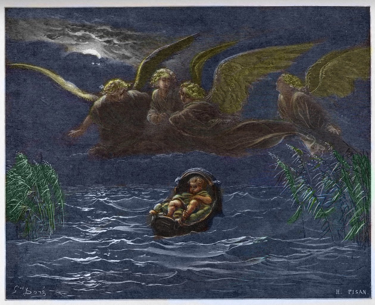 Dzieciątko Mojżesz na Nilu w otoczeniu Aniołów Stróżów - autorstwa Gustave Dore
