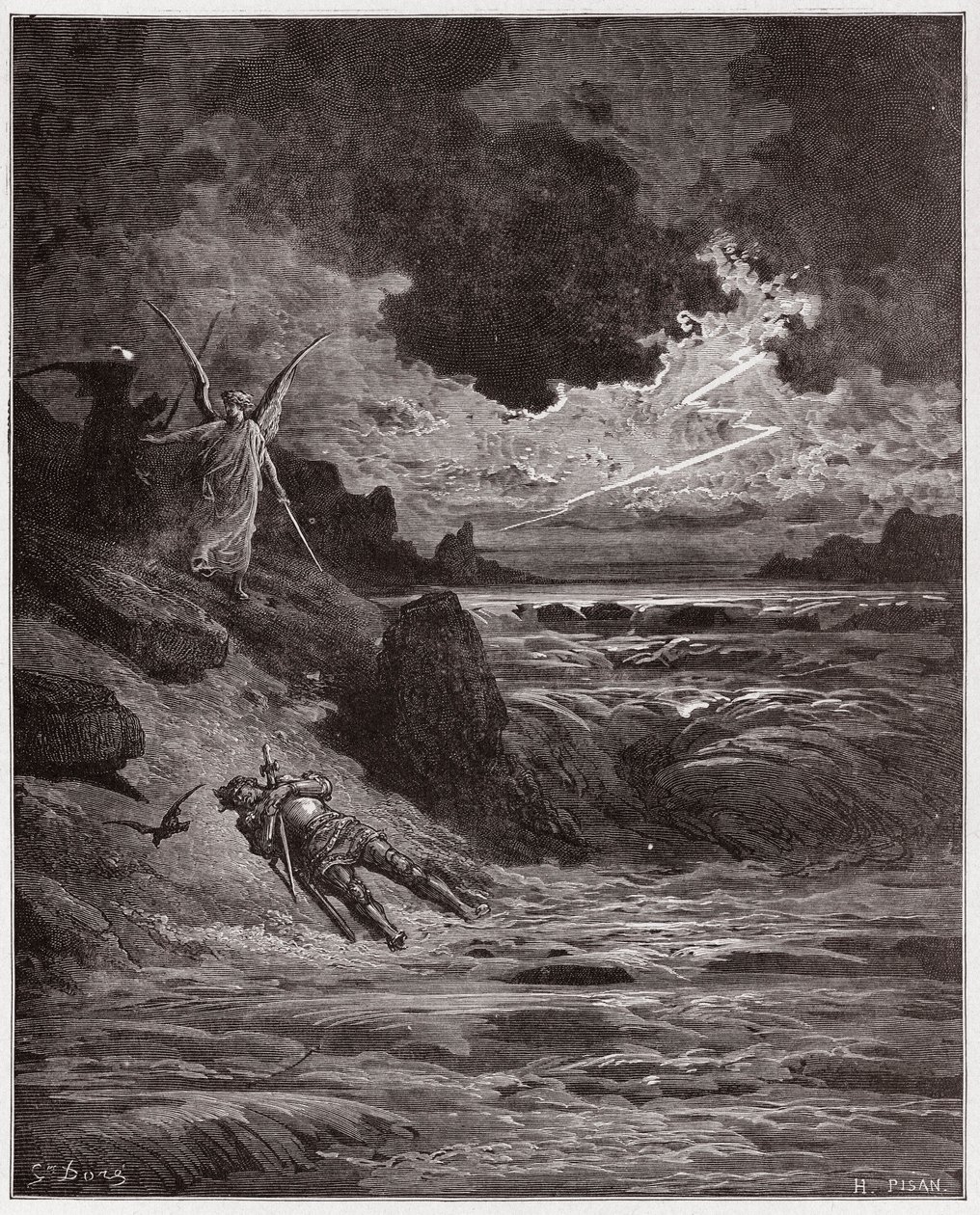 Boska Komedia (La Divina Comedia, La Divine Comedie), Purgatorio, Canto 5: Ciało Buonconte da Montefeltro w Arno - Dante Alighieri (1265-1321) - Ilustracja Gustave Dore (1832-1883) autorstwa Gustave Dore