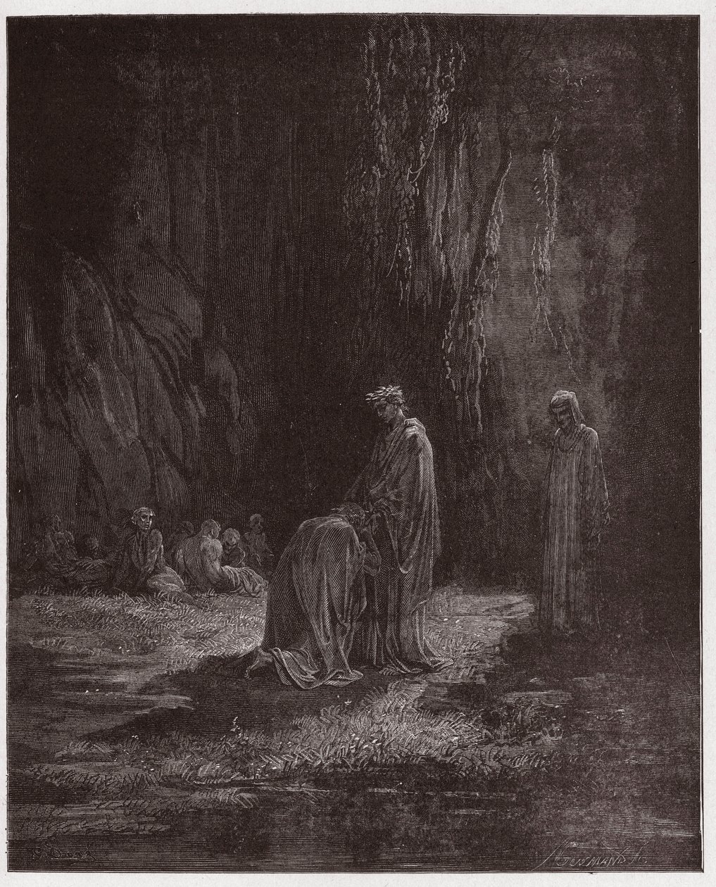 Boska Komedia (La Divina Comedia, La Divine Comedie), Purgatorio, Canto 7: Zdumiony poeta Sordello klęka przed Wergiliuszem - Dante Alighieri (1265-1321) - Ilustracja Gustave Dore (1832-1883) autorstwa Gustave Dore