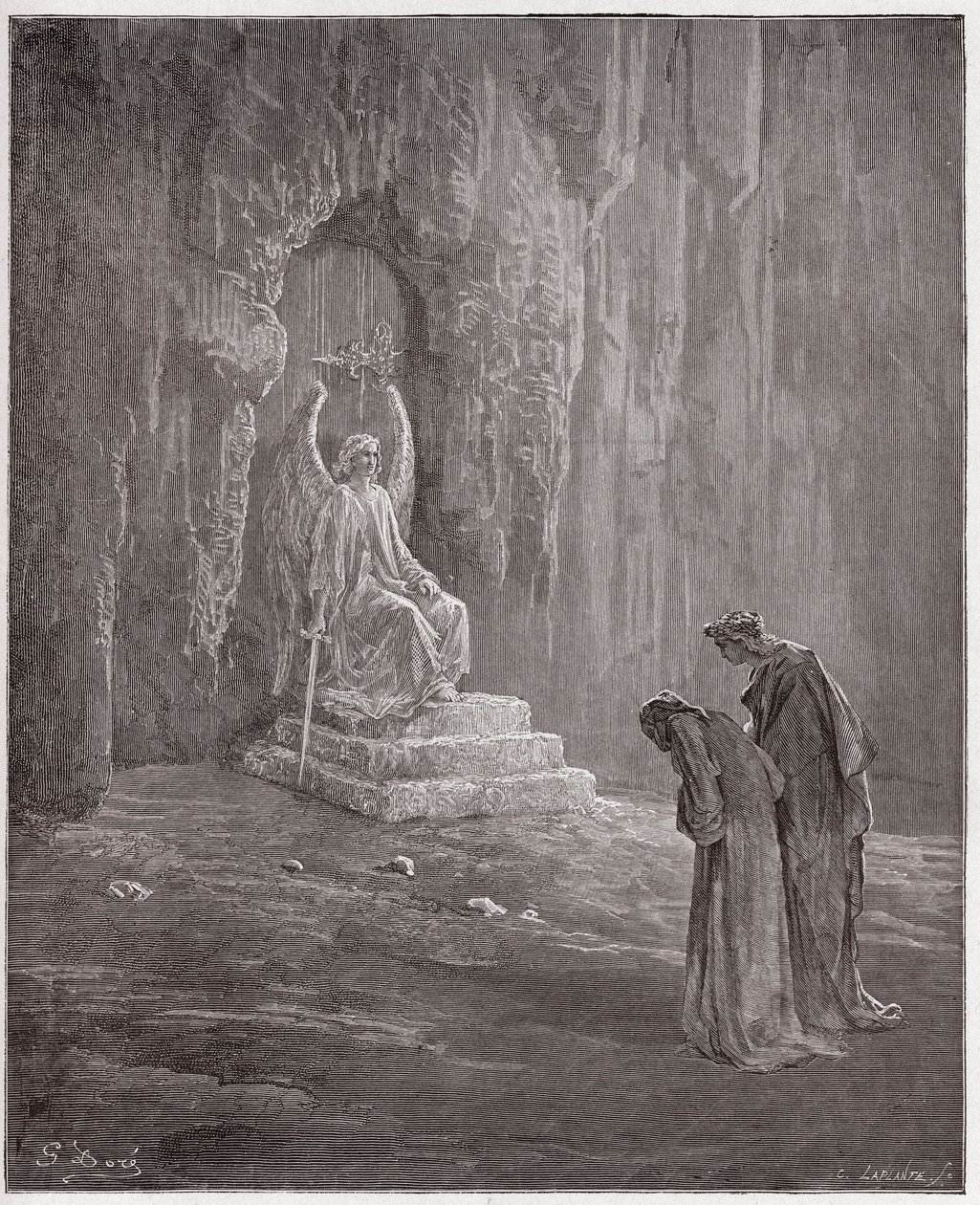 Boska Komedia (La Divina Comedia, La Divine Comedie), Purgatorio, Canto 9: Dante i Virgil na portalach czyśćca - autorstwa Dante Alighieri (1265-1321) - Ilustracja Gustave Dore (1832-1883) autorstwa Gustave Dore