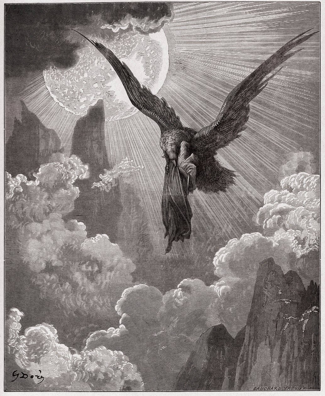 Boska Komedia (La Divina Comedia, La Divine Comedie), Purgatorio, Canto 9: Dante we śnie unoszony przez orła - Dante Alighieri (1265-1321) - Ilustracja Gustave Dore (1832-1883) autorstwa Gustave Dore