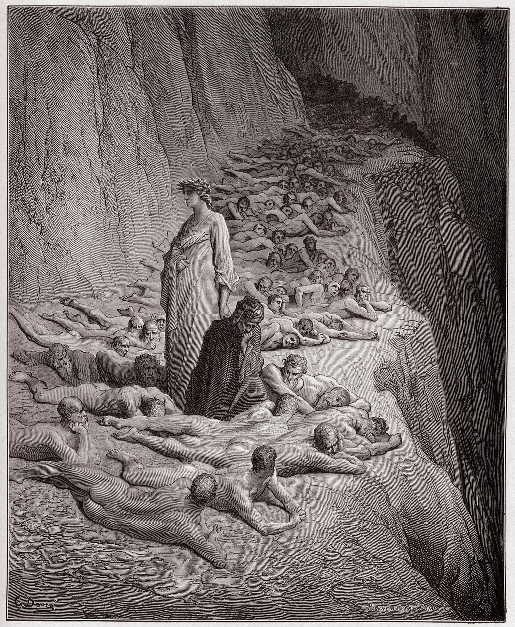 Boska Komedia (La Divina Comedy, La Divine Comedy), Purgatorio, Canto 19: Dusze skąpców: Adrian V rozmawia z Dantem - Dante Alighieri (1265-1321) - Ilustracja Gustave Dore (1832-1883) autorstwa Gustave Dore