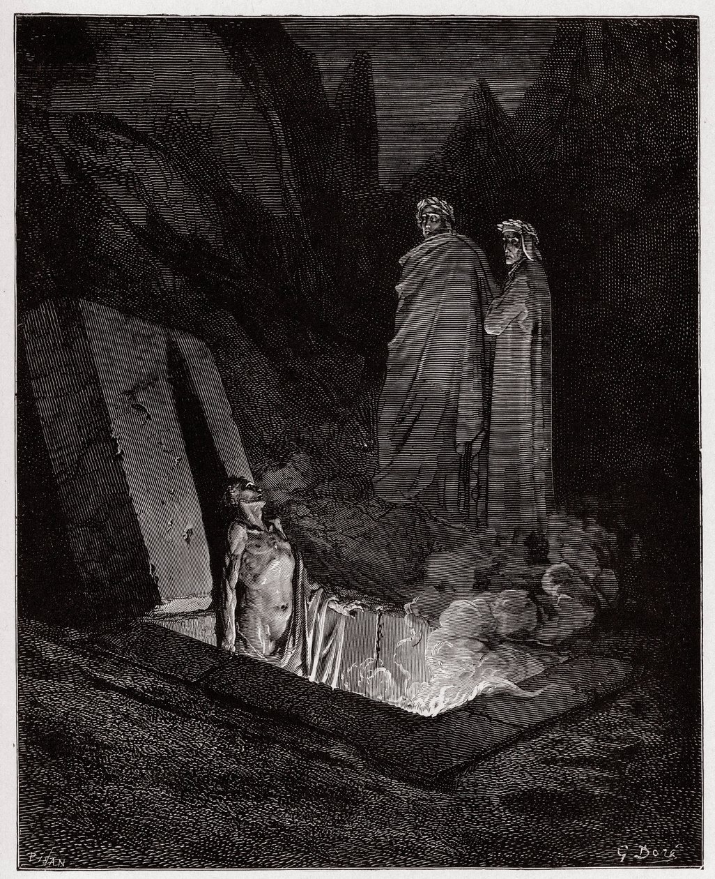 Boska Komedia (La Divina Commedia, La Divine Comedie), Inferno, Canto 10: Farinata degli Uberti zwraca się do Dantego - Dante Alighieri (1265-1321) - Ilustracja Gustave Dore (1832-1883) autorstwa Gustave Dore