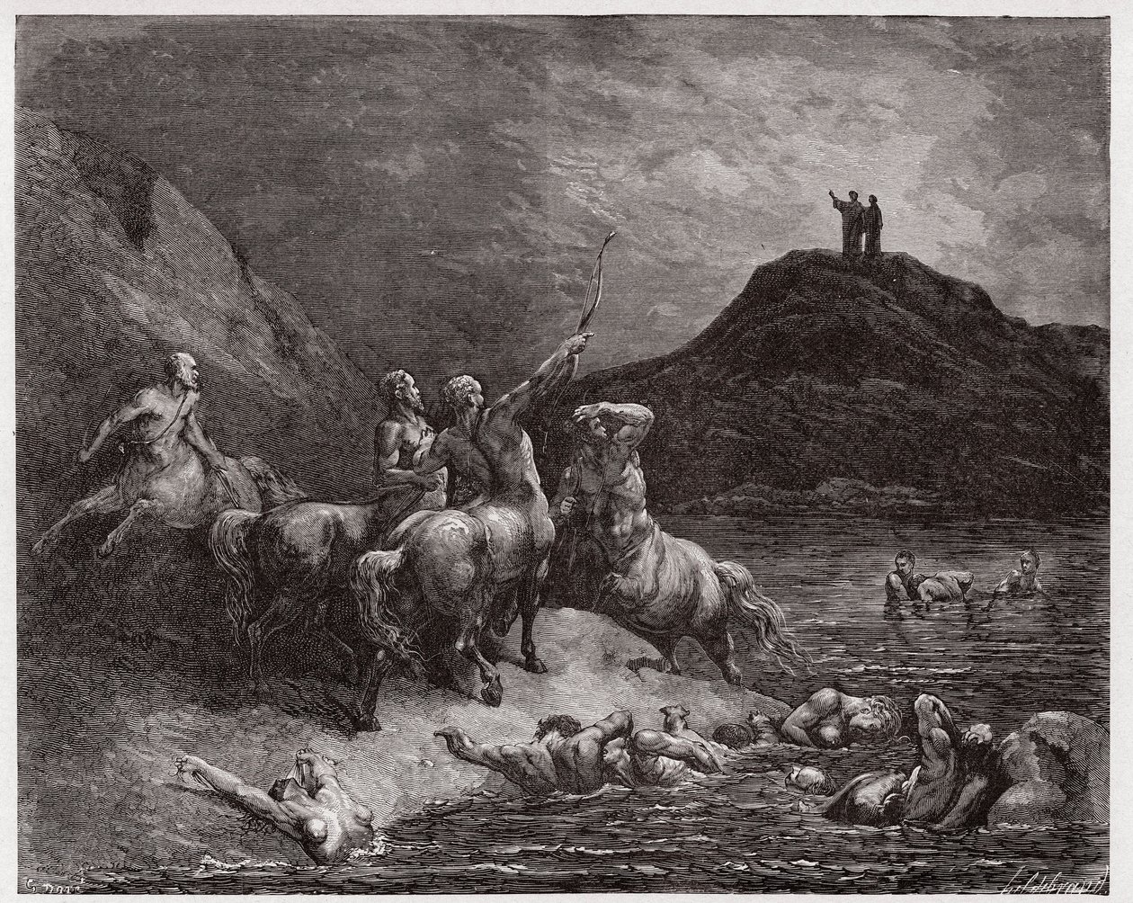 Boska Komedia (La Divina Commedia, La Divine Comedie), Inferno, Canto 12: Nessus i centaury - autorstwa Dante Alighieri (1265-1321) - Ilustracja Gustave Dore (1832-1883) autorstwa Gustave Dore