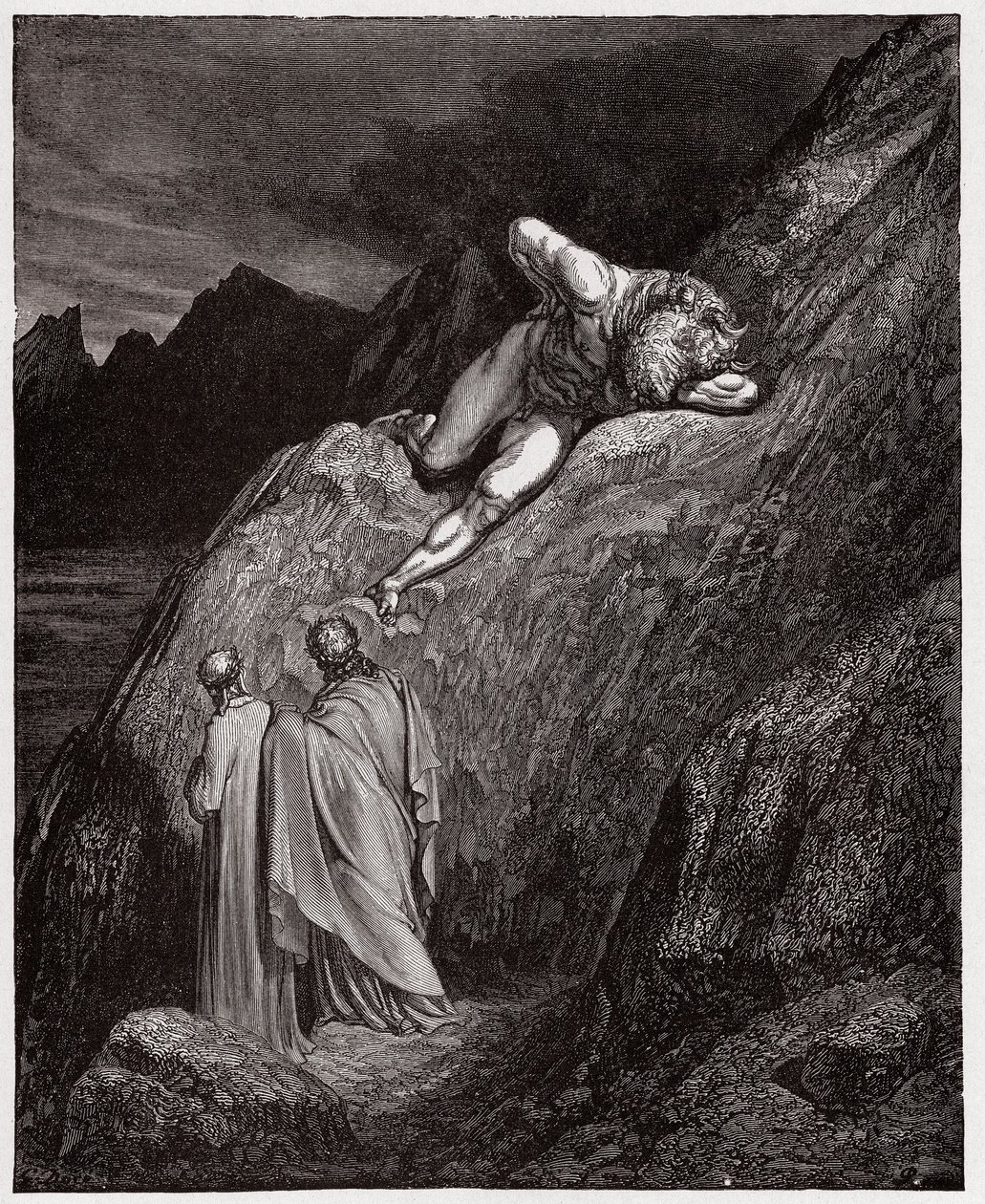 Boska Komedia (La Divina Commedia, La Divine Comedie), Inferno, Canto 12: Minotaur na roztrzaskanym klifie - autorstwa Dante Alighieri (1265-1321) - Ilustracja Gustave Dore (1832-1883) autorstwa Gustave Dore