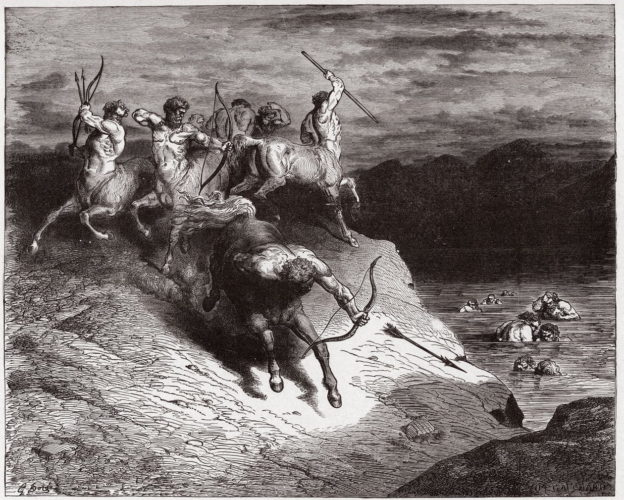 Boska Komedia (La Divina Commedia, La Divine Comedie), Inferno, Canto 12: Centaury atakują dusze we wrzącej krwi - Dante Alighieri (1265-1321) - Ilustracja Gustave Dore (1832-1883) autorstwa Gustave Dore