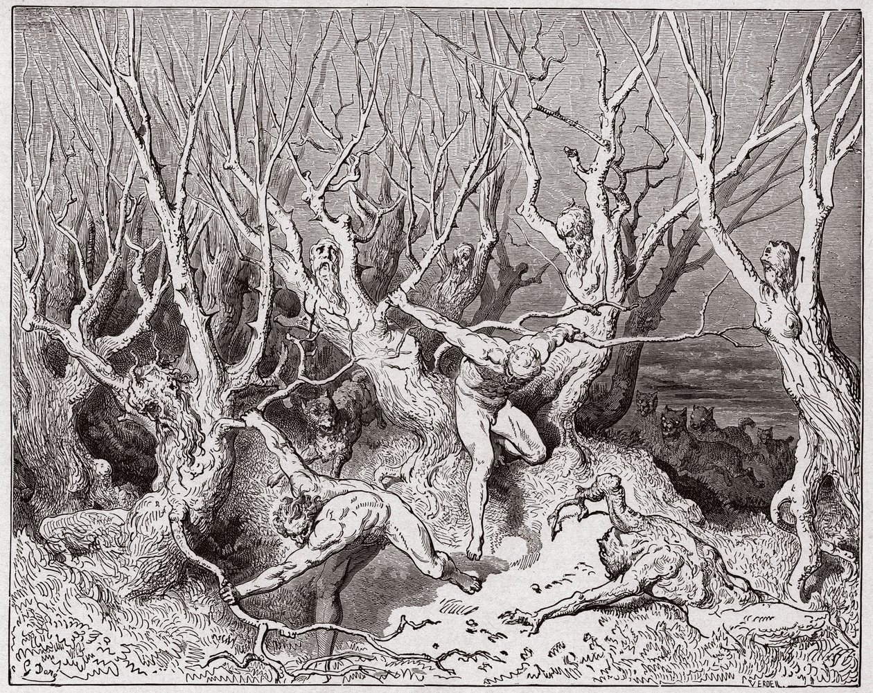 Boska Komedia (La Divina Commedia, La Divine Comedie), Inferno, Canto 13: Samobójcy uciekają z lasu - Dante Alighieri (1265-1321) - Ilustracja Gustave Dore (1832-1883) autorstwa Gustave Dore