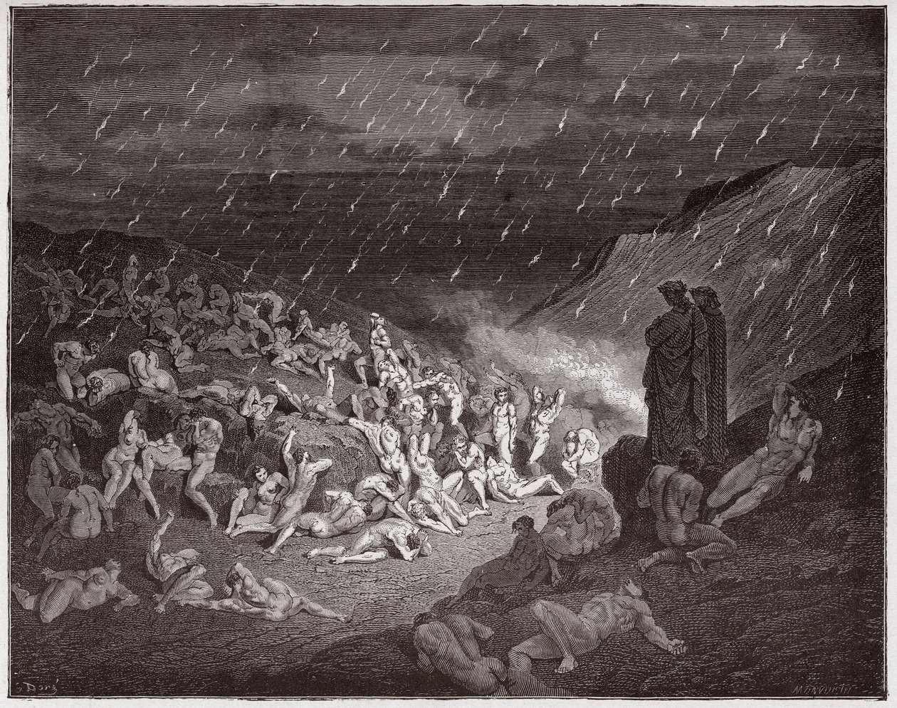 Boska Komedia (La Divina Commedia, La Divine Comedie), Inferno, Canto 14: Gwałtowni, dręczeni w deszczu ognia - Dante Alighieri (1265-1321) - Ilustracja Gustave Dore (1832-1883) autorstwa Gustave Dore