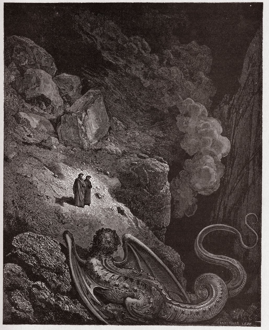 Boska Komedia (La Divina Commedia, La Divine Comedie), Inferno, Canto 17: Gerion, symbol oszustwa - Dante Alighieri (1265-1321) - Ilustracja Gustave Dore (1832-1883) autorstwa Gustave Dore
