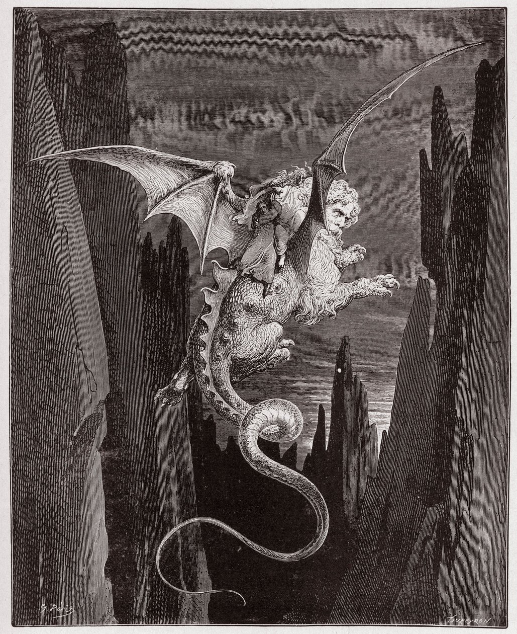 Boska Komedia (La Divina Commedia, La Divine Comedie), Inferno, Canto 17: Zejście w otchłań na plecach Geriona - Dante Alighieri (1265-1321) - Ilustracja Gustave Dore (1832-1883) autorstwa Gustave Dore