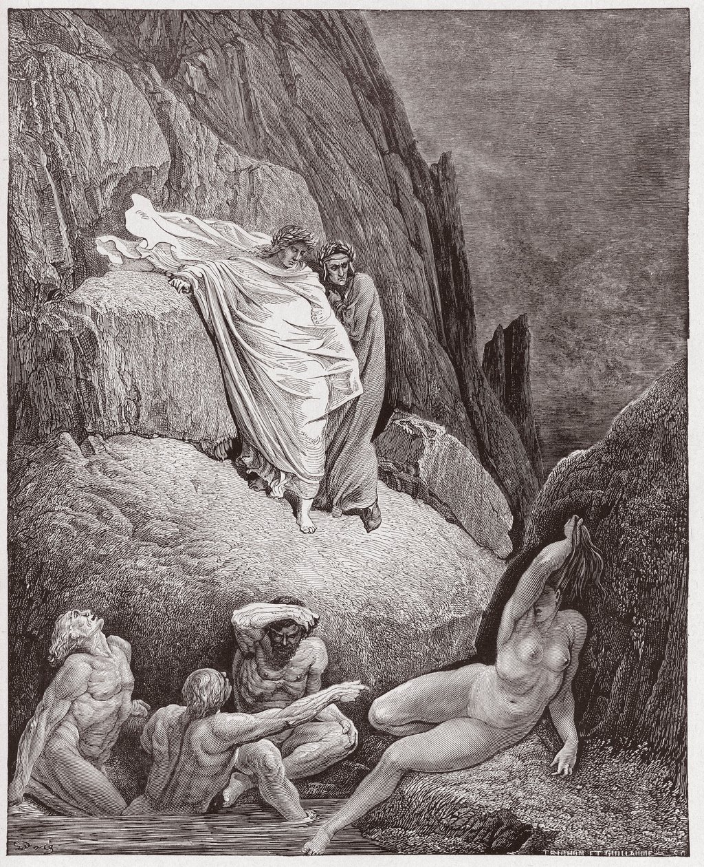 Boska Komedia (La Divina Commedia, La Divine Comedie), Inferno, Canto 18: Wergiliusz pokazuje Dantemu cień Thai - autorstwa Dante Alighieri (1265-1321) - Ilustracja Gustave Dore (1832-1883) autorstwa Gustave Dore