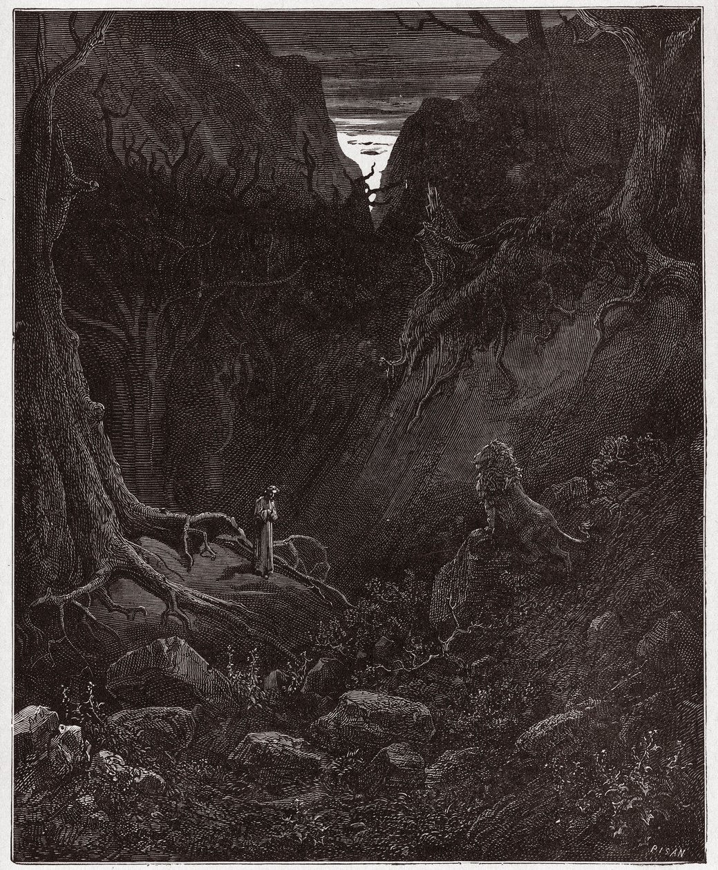 Boska Komedia (La Divina Commedia, La Divine Comedie), Inferno, Canto 1: Lew nagle konfrontuje się z Dantem - autorstwa Dante Alighieri (1265-1321) - Ilustracja Gustave Dore (1832-1883) autorstwa Gustave Dore