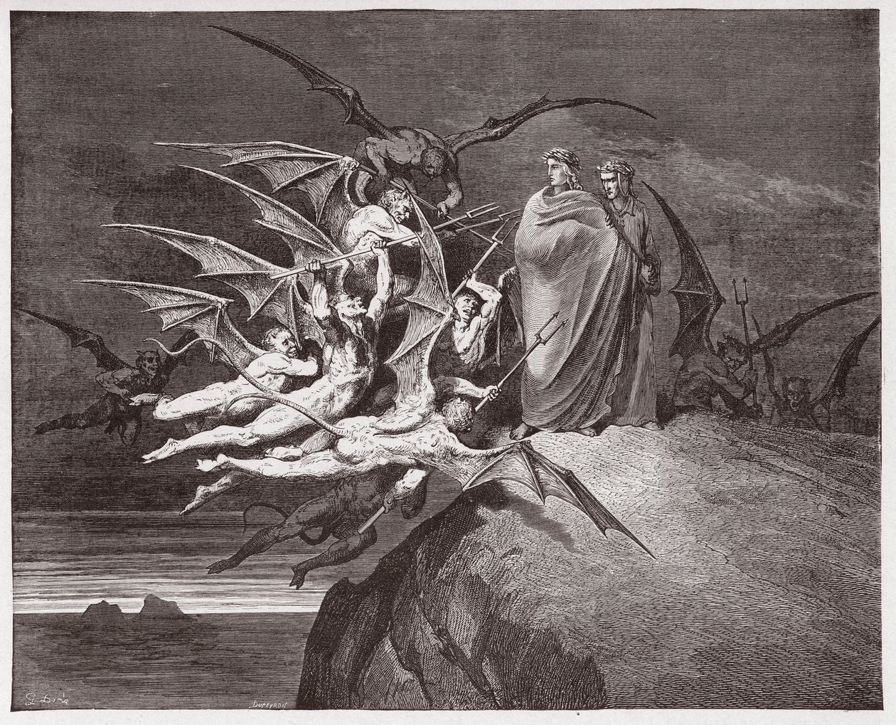 Boska Komedia (La Divina Commedia, La Divine Comedie), Inferno, Canto 21: Demony zagrażają Wergiliuszowi - Dante Alighieri (1265-1321) - Ilustracja Gustave Dore (1832-1883) autorstwa Gustave Dore