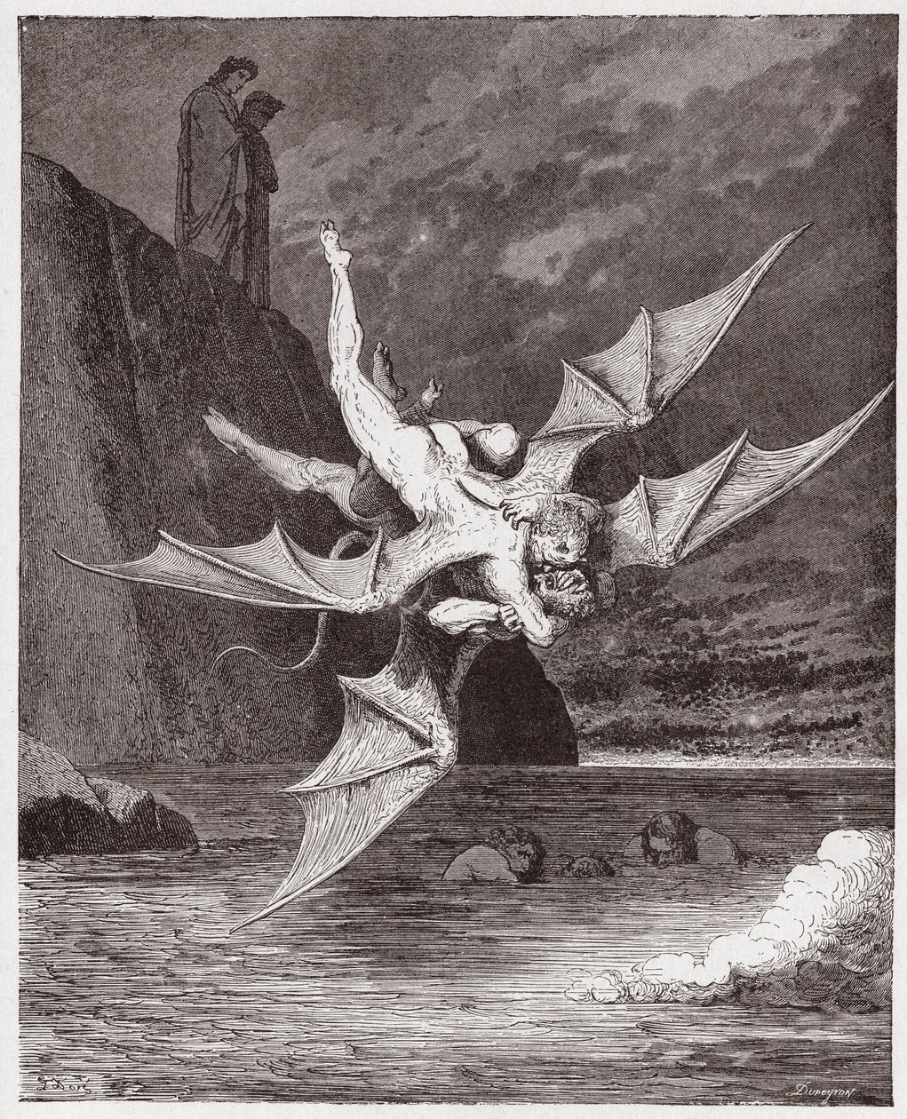 Boska Komedia (La Divina Commedia, La Divine Comedie), Inferno, Canto 22: Alichino i Calcabrina zmagają się nad boiskiem – Dante Alighieri (1265-1321) – Ilustracja Gustave Dore (1832-1883) autorstwa Gustave Dore
