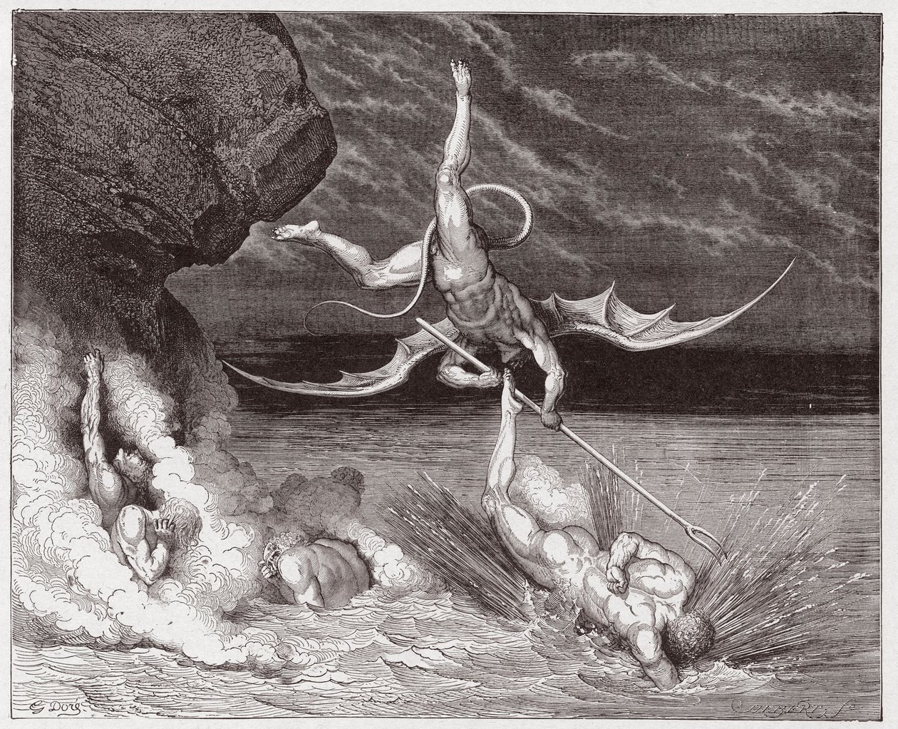 Boska Komedia (La Divina Commedia, La Divine Comedie), Inferno, Canto 22: Ciampolo ucieka przed demonem Alichino w piątej Bolgii - Dante Alighieri (1265-1321) - Ilustracja Gustave Dore (1832-1883) autorstwa Gustave Dore